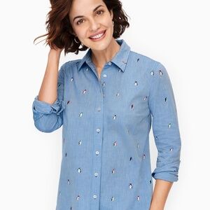 Talbots Penguin Print Classic Cotton Button Up Size L